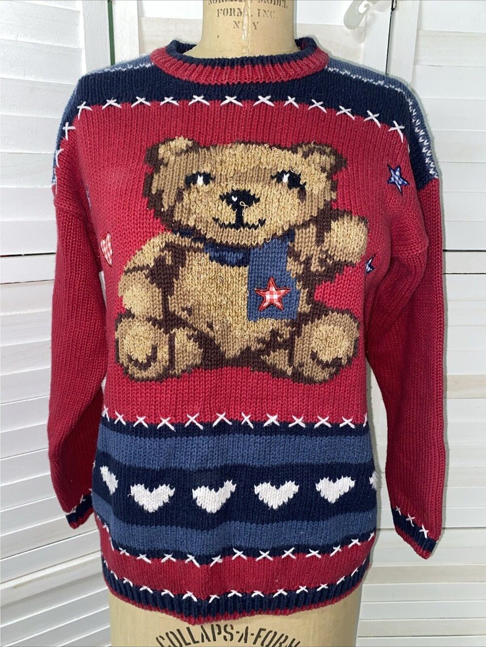 80s 90s March Landing Red Blue Pullover Sweater Teddy Bear Embroidery Sz Small